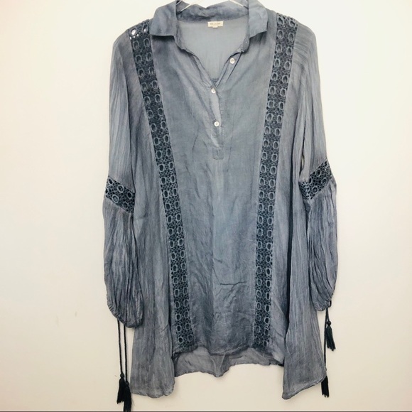 En Creme Blue Tunic Top Crochet Trim Long Sleeve Small Boho‎ Blouse - Picture 5 of 9